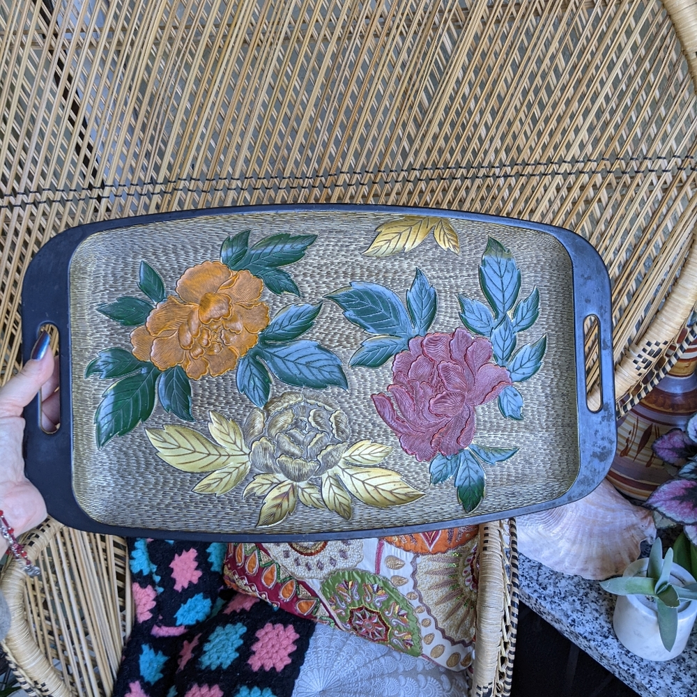 Vintage 70s Floral Bohemian Tray Hippie Eclectic Home Decor - Picture 3 of 16